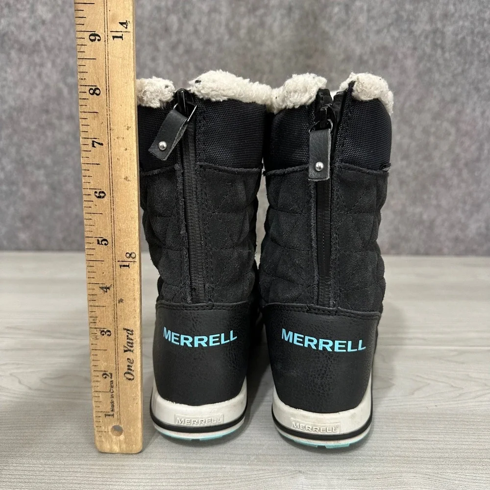Merrell‎ Heidi Waterproof Boots Kids 3M Black Quilted Faux Fur Winter Snow